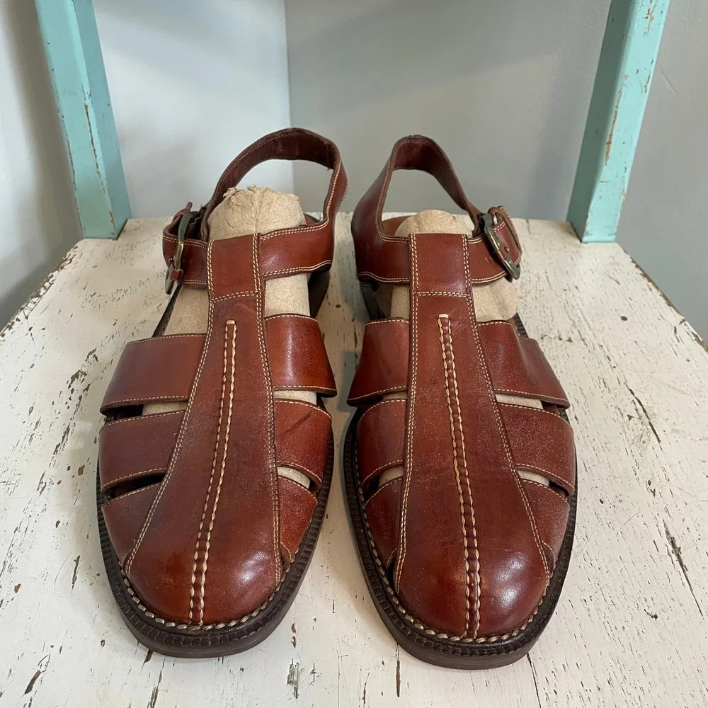 VTG Cole Haan Mens Brown Leather Fisherman Sandals Buckle Closure Size 10.5 D